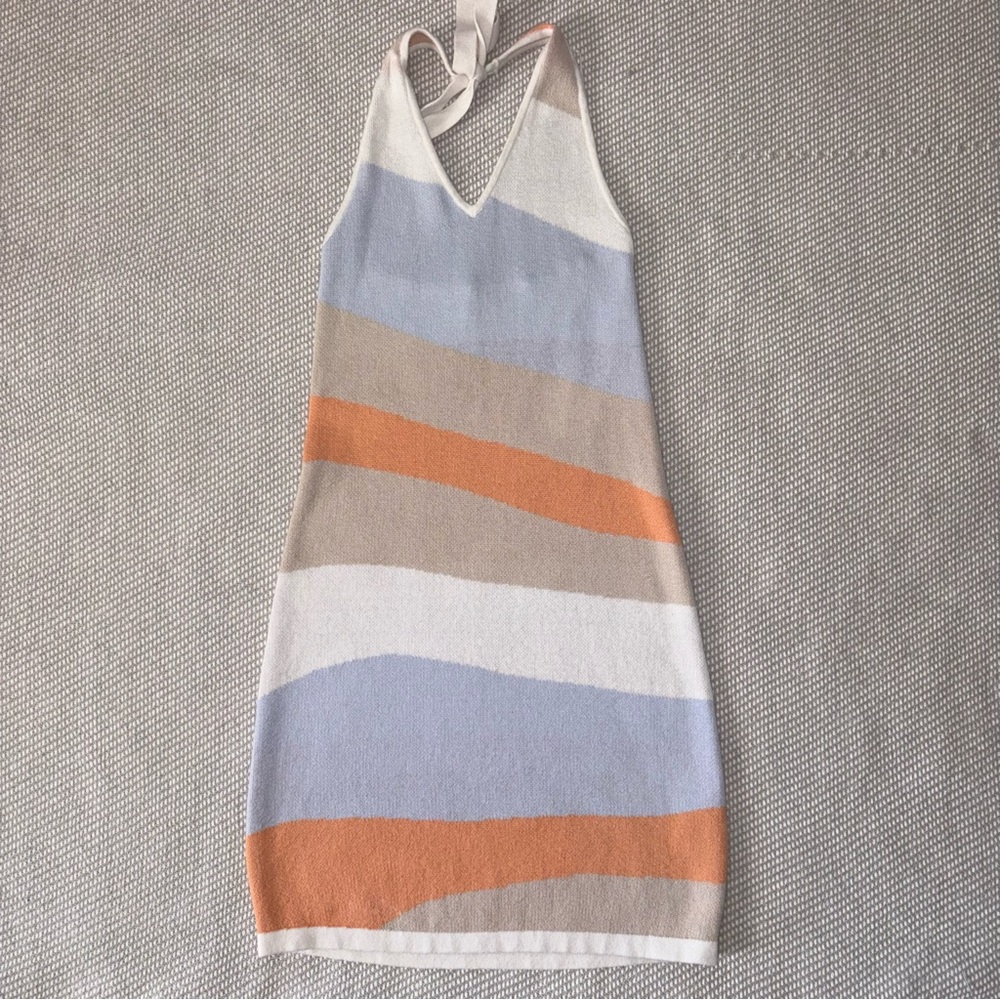 Hollister Stripe Pastel White Blue Floral Knit Summer Halter Mini Dress Sz Xs